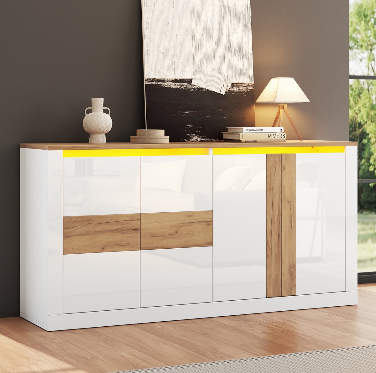 FloraGrace Dressoir - RGB LED Verlichting En Verstelbare Planken - Voor Woonkamer Eetkamer Of Hal - MDF - 140x35x70 Cm - Wit Naturel