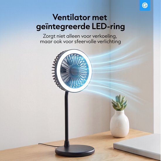 Zwarte tafelventilator met LED-ring die zowel verkoeling als sfeerverlichting biedt.