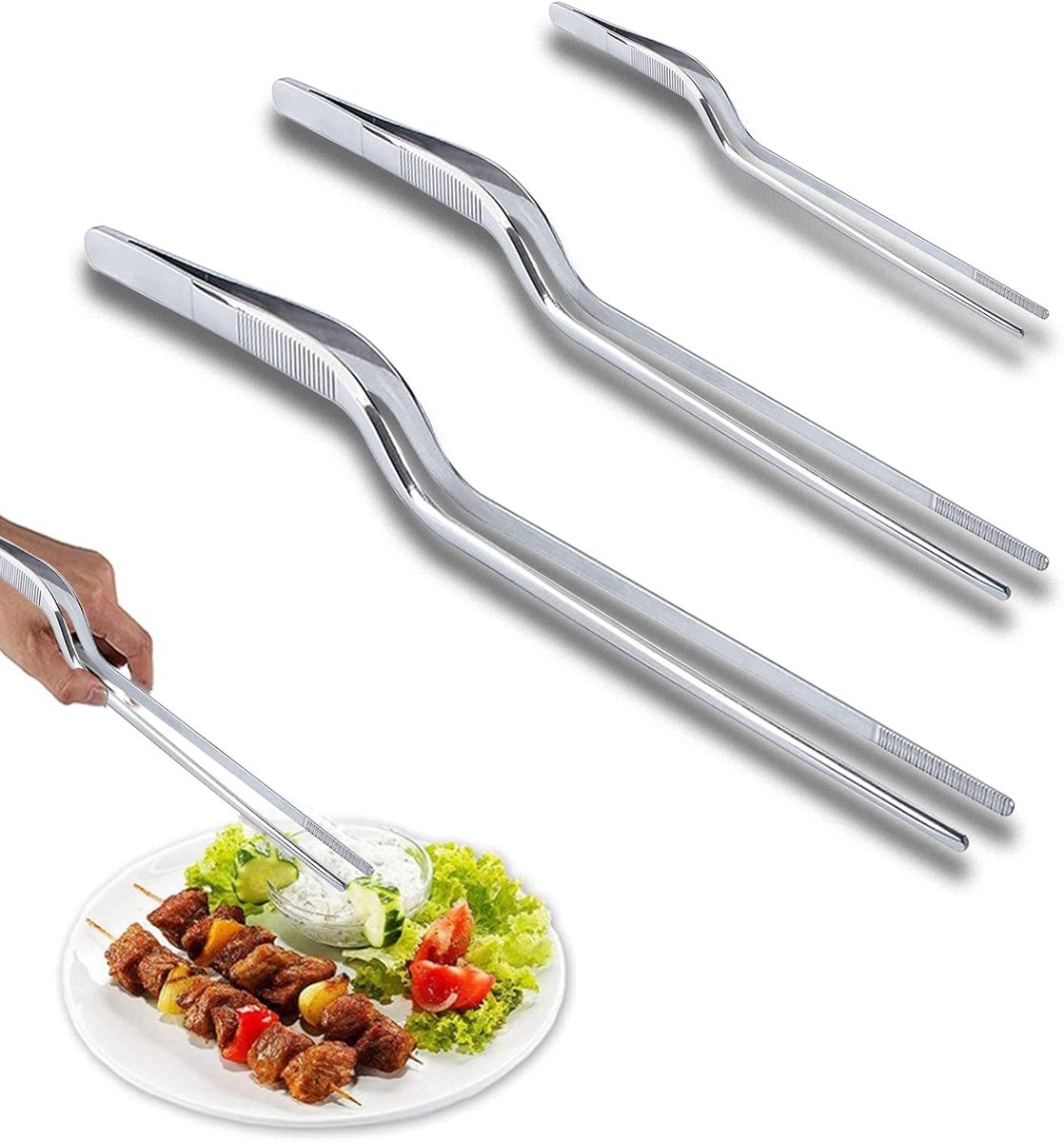 gebogen pincet voor de keuken, 3 stuks, keukenpincet, kookpincet, 14/20/23 cm, grillpincet, voederpincet, kookpincet, keukenset, voor koken, keuken, handgemaakt, plantenverzorging