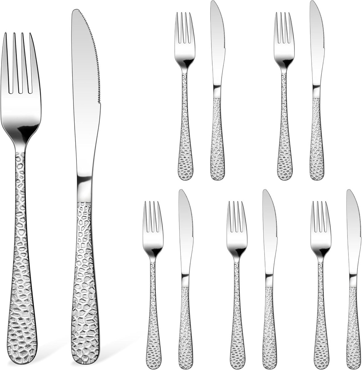 Steakbestekset, 12-delig roestvrij staal steakmessen en steakvork, steakbestekset voor 6 personen, bestekset met gehamerd handvat voor huis, restaurant, hotel, roestvrij en
