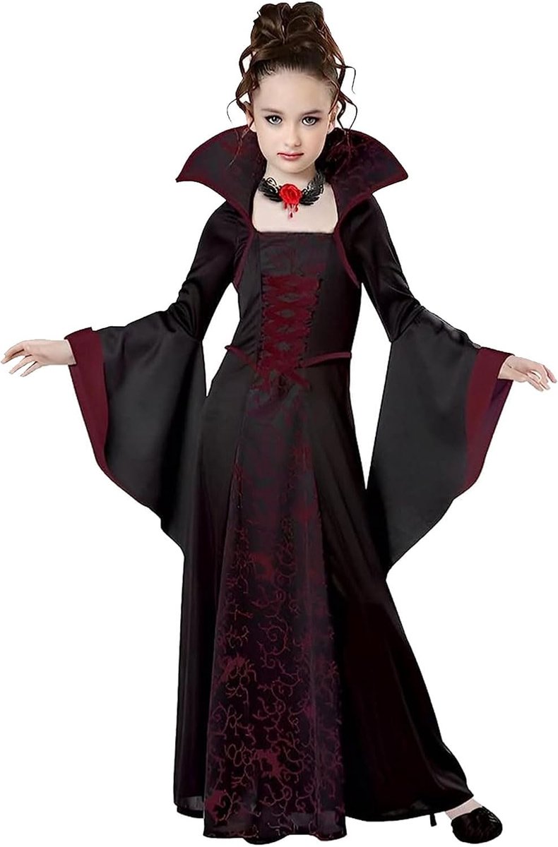 vampierkostuum, jurk voor meisjes: zwart/rood, gothic, vampierjurk, koningin, verkleedpartij, carnaval, cosplay kostuums