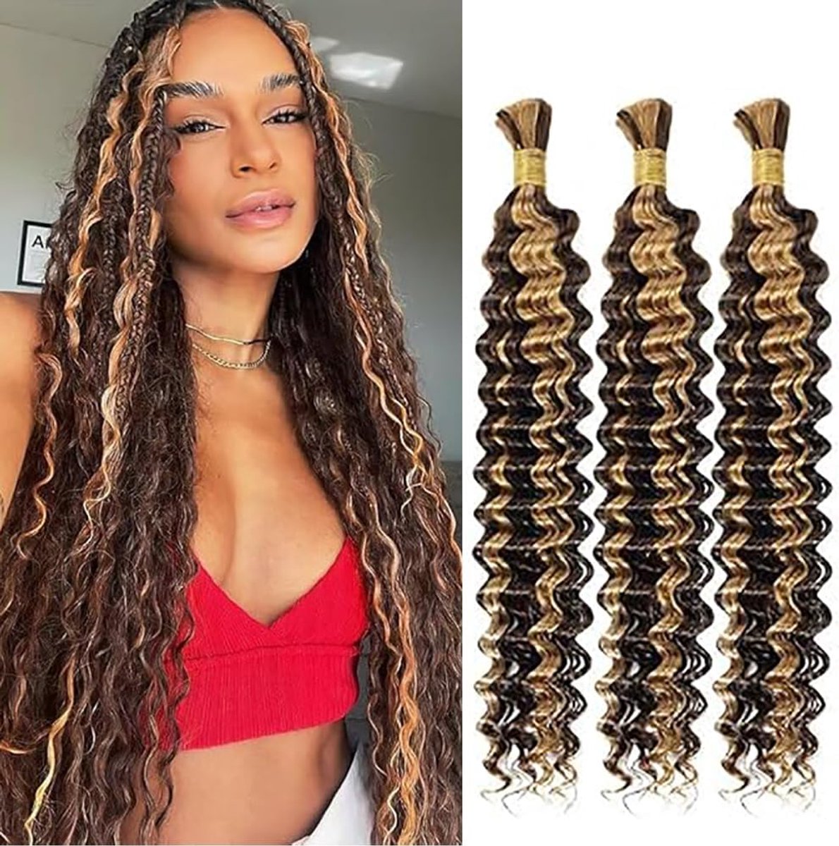 Wave Human Braiding Hair for Boho Braids P427 Highlight Blond Color Human Hair Extensions No Weft Weave 50g/Piece for Women Low Shedding 14 14 14 Inch
