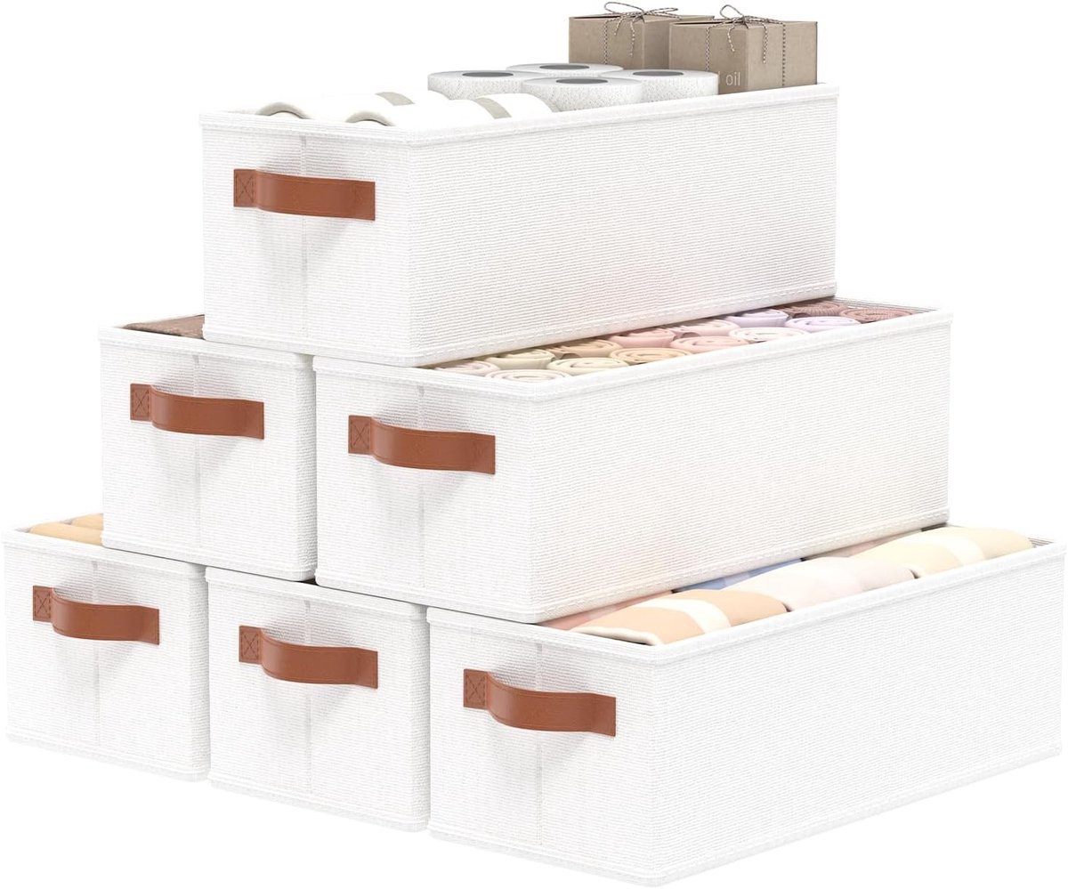 6 stuks opbergmanden, opvouwbare stoffen box met handvat, kledingkast, organizer, opbergsysteem voor opbergdozen in badkamers, planken, 38 x 15,5 x 13 cm, wit