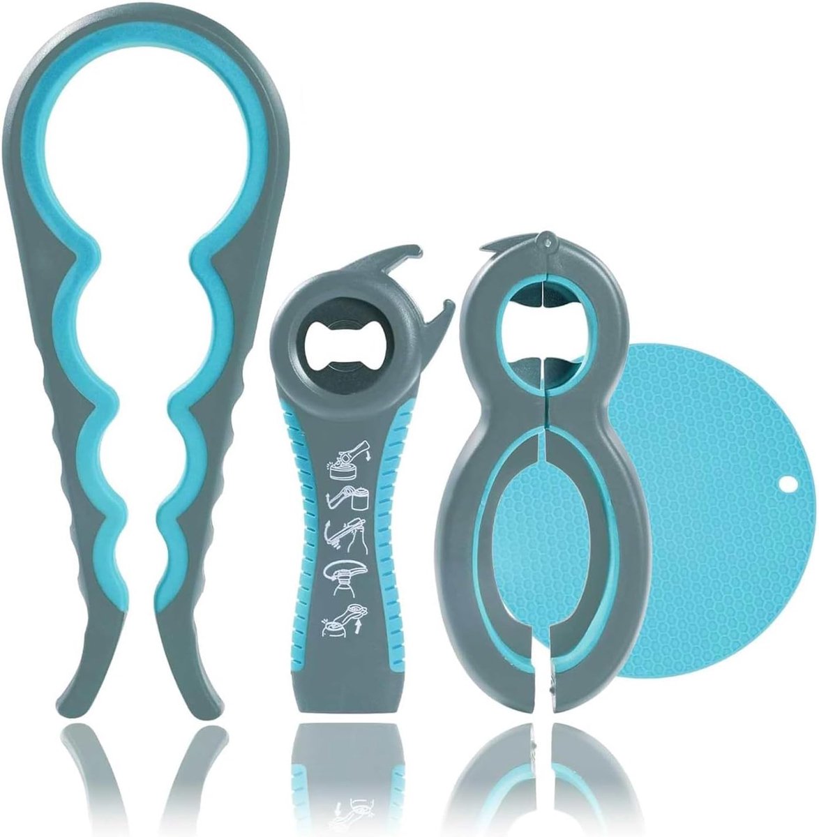 Flesopenerset met antislip siliconen grijppad, 4 stuks multifunctionele opener voor zwakke handen, artritis, senioren en kinderen