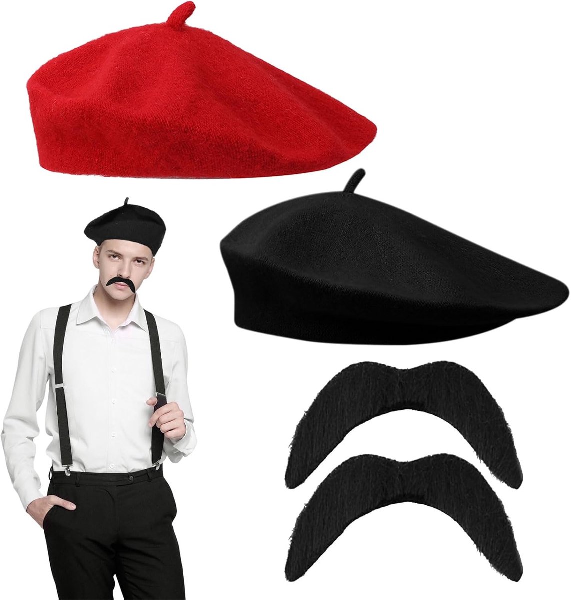 4 Stuks Franse Fancy Dress Kostuum Baret Snor Volwassenen Unisex Snor Voor Verkleden Kostuum Haar Accessoire Outfit.