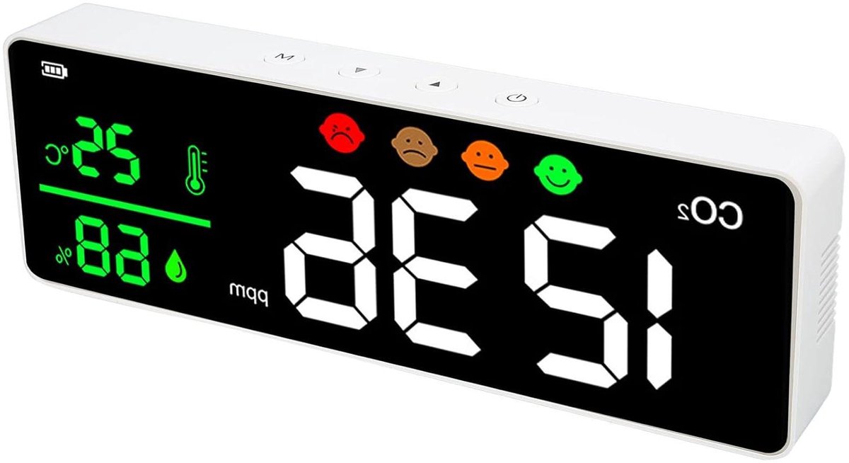Luchtkwaliteitsmeter - CO2 meter binnen - Gezonde Lucht Meten - Instelbaar CO2 Alarm - 400-5000 ppm - Wit