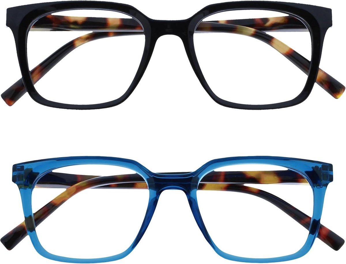 Brillen 2-Pack - Groot Rechthoekig Montuur - Zwart-Blauw - Heren Dames - Veerscharnieren - RR50-13 - +1.50
