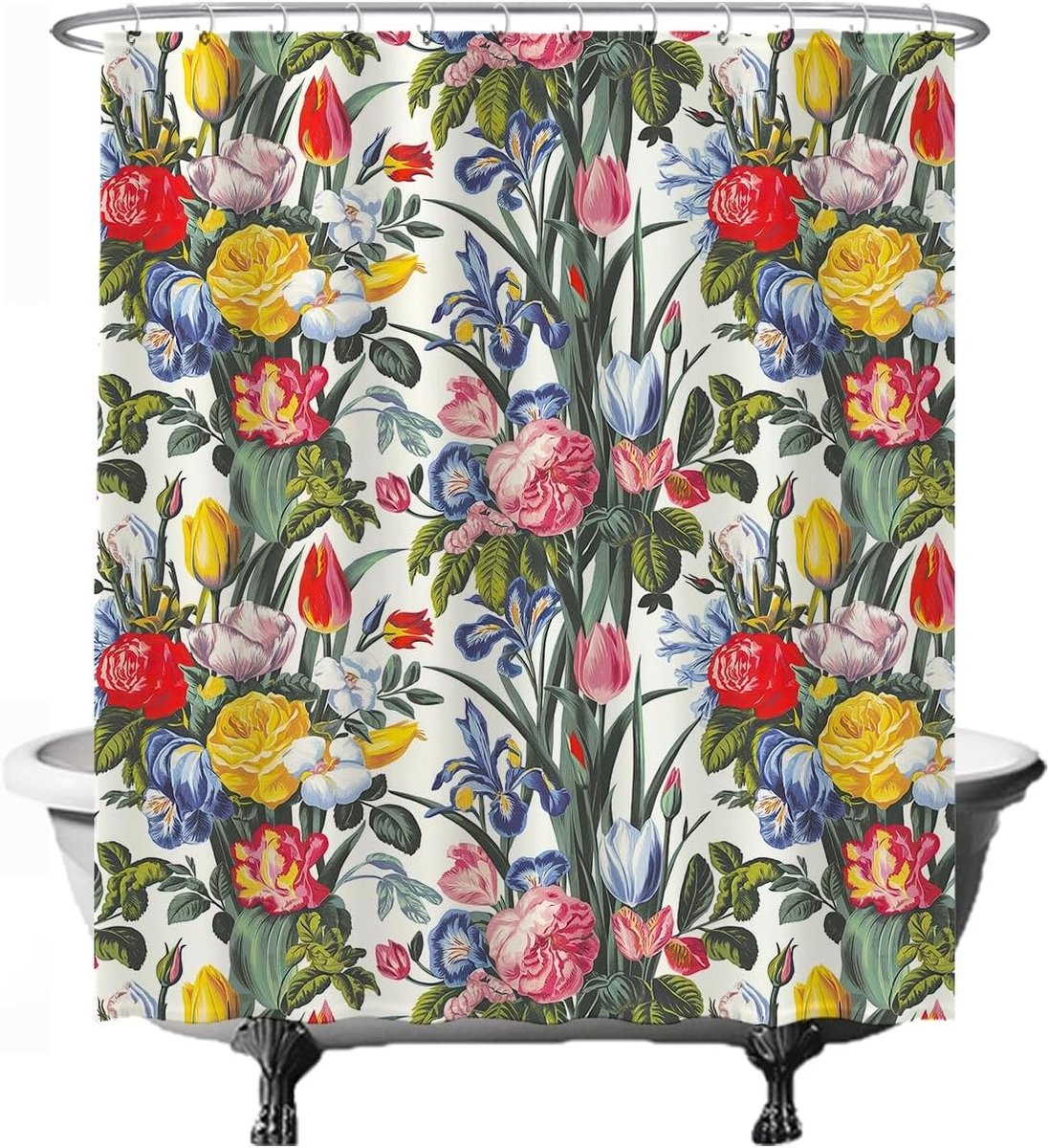Douchegordijn met tulp en grote bloemen, rood, geel, blauw, groen, 180 x 200 cm, met 12 ringen