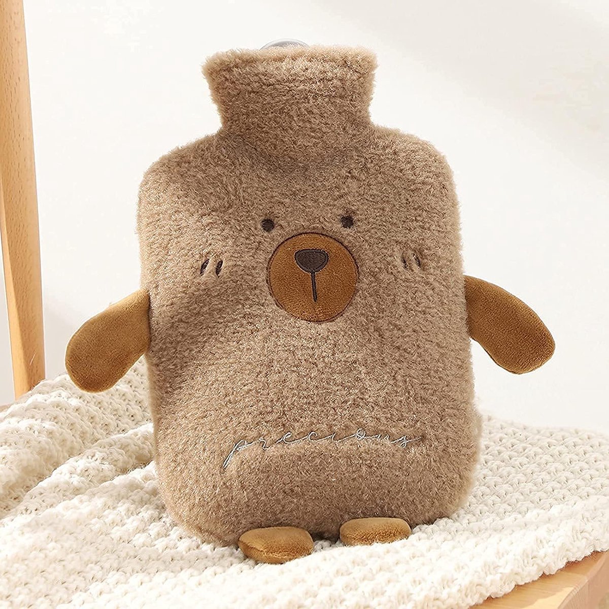 Warmwaterkruik met hoes, UK, 2 l, dier, kruik voor kinderen, fleece hoes voor extra warmte en comfort, nek- en schouderpijnverlichting