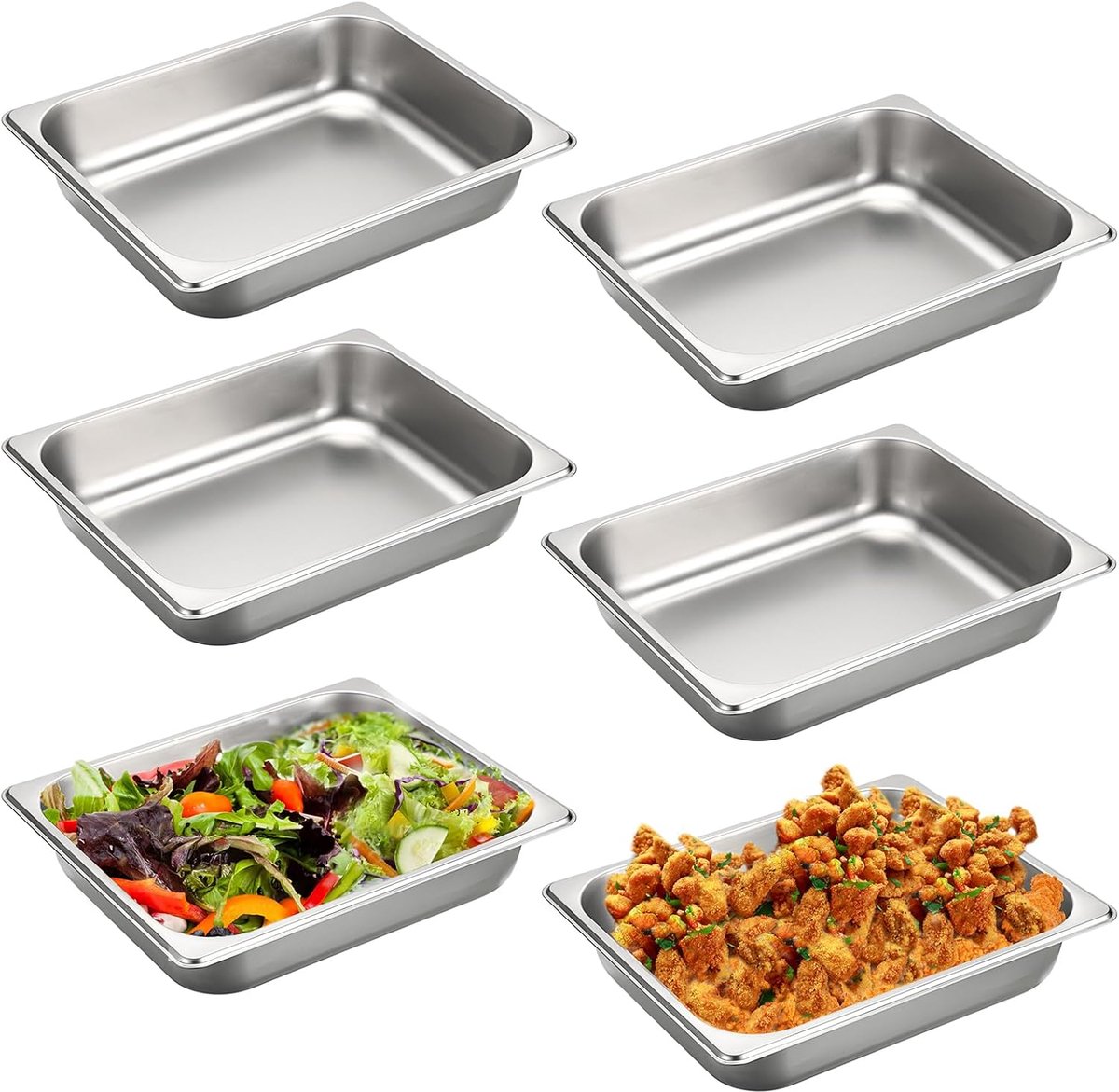 6 stuks 1/2 gastronormbakjes van voedselveilig roestvrij staal, stapelbare paneerset, van -60 ° tot 400 °C, vaatwasmachinebestendig, paneerschalen voor schnitzels, vlees, vis, fruit, ijssaus