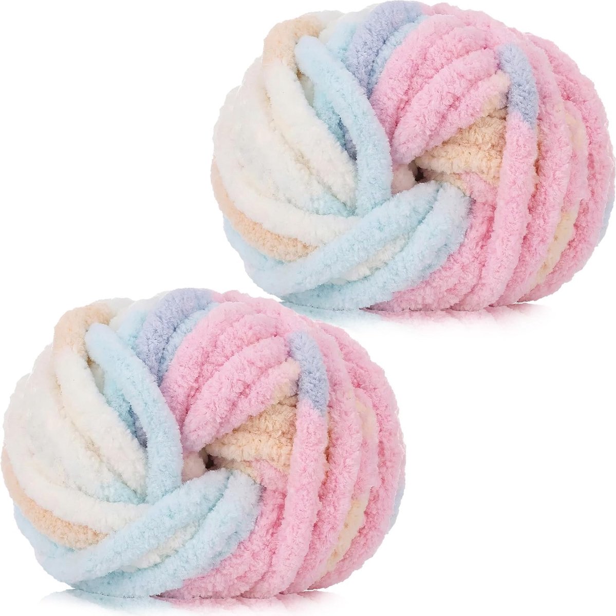 haakgaren 2 × 250 g, dik, zacht pluizig chenillegaren, veelkleurige dikke breiwol, supergrof garen voor het haken van dekens, hoeden, kussens en tassen (marshmallow)