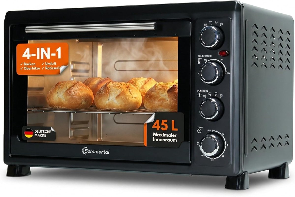 SnelShoppen - Mini Oven 45L met Draaispit & Convectie, 2000 W, 100-230 °C, 60 min Timer, Kippen Grill Oven, Tafeloven voor Bakken, Grillen en Pizza, 7