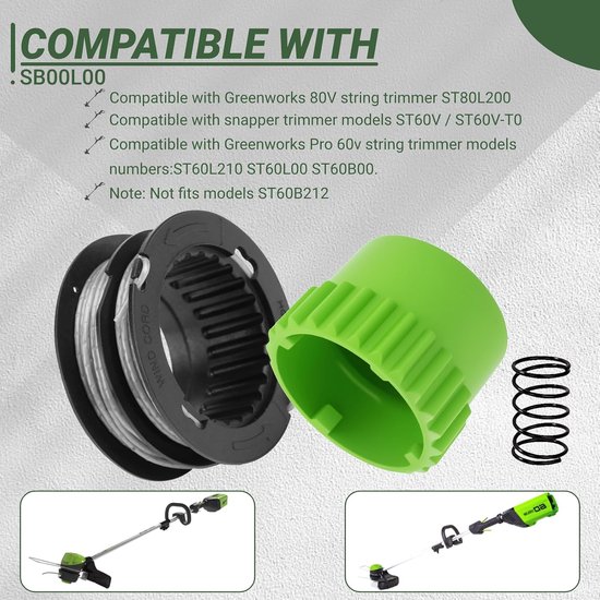 Vervangende spoel voor snaartrimmer, 5,2 m .80 inch, compatibel met Greenworks ST60V ST60V-T0 80V ST80L200, voorgemonteerde snaartrimmer, navullingen, dubbele lijn 2901619 2906302 (4 — afbeelding 2