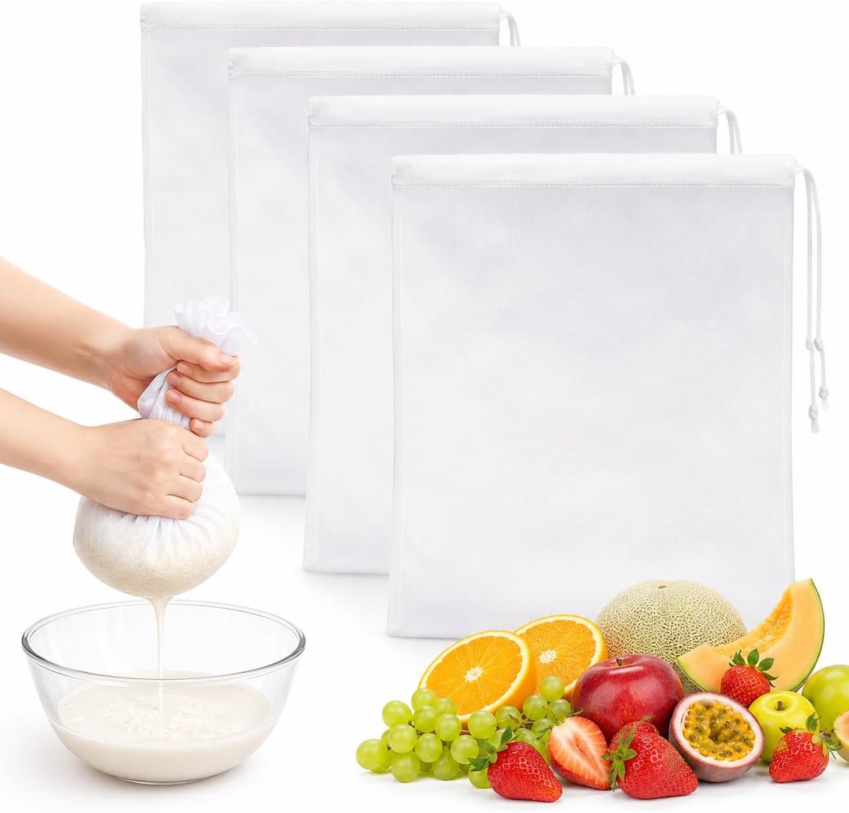 Set van 4 notenmelkzakken, 45 x 30 cm, fijnmazig nylon filterzak met trekkoord, herbruikbare zeefdoek voor zelfgemaakte notenmelk, kaas, vruchtensap en yoghurt, wasbare theedoek voor keuken