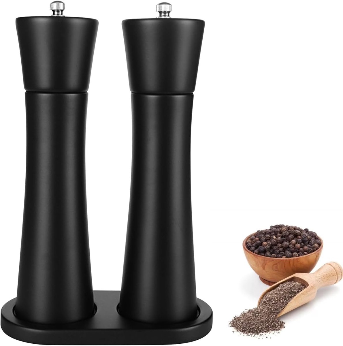 Zout- en pepermolen met standaard van beukenhout, handmatige pepermolen, set met 2 zout- en pepermolens, zout- en pepermolen met dienblad voor barbecue, keuken, restaurant