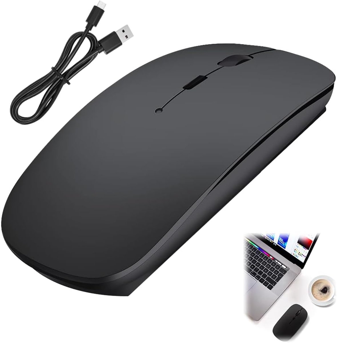 Bluetooth-muis, 2,4 GHz, oplaadbare muis, 3 instelbare dpi-niveaus, stille optische muis voor MacBook Pro/Air/Android/iOS tablet/laptop/pc/Mac/computer, zwart