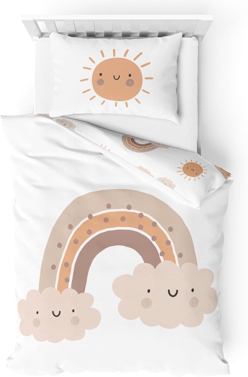 flanel, babybeddengoed "Little Sunrise" zacht en behaaglijk, voor meisjes en jongens, 100% katoen, zon, wolk en regenboog, dekbedovertrek 100 x 135 cm + kussensloop 40 x 60 cm