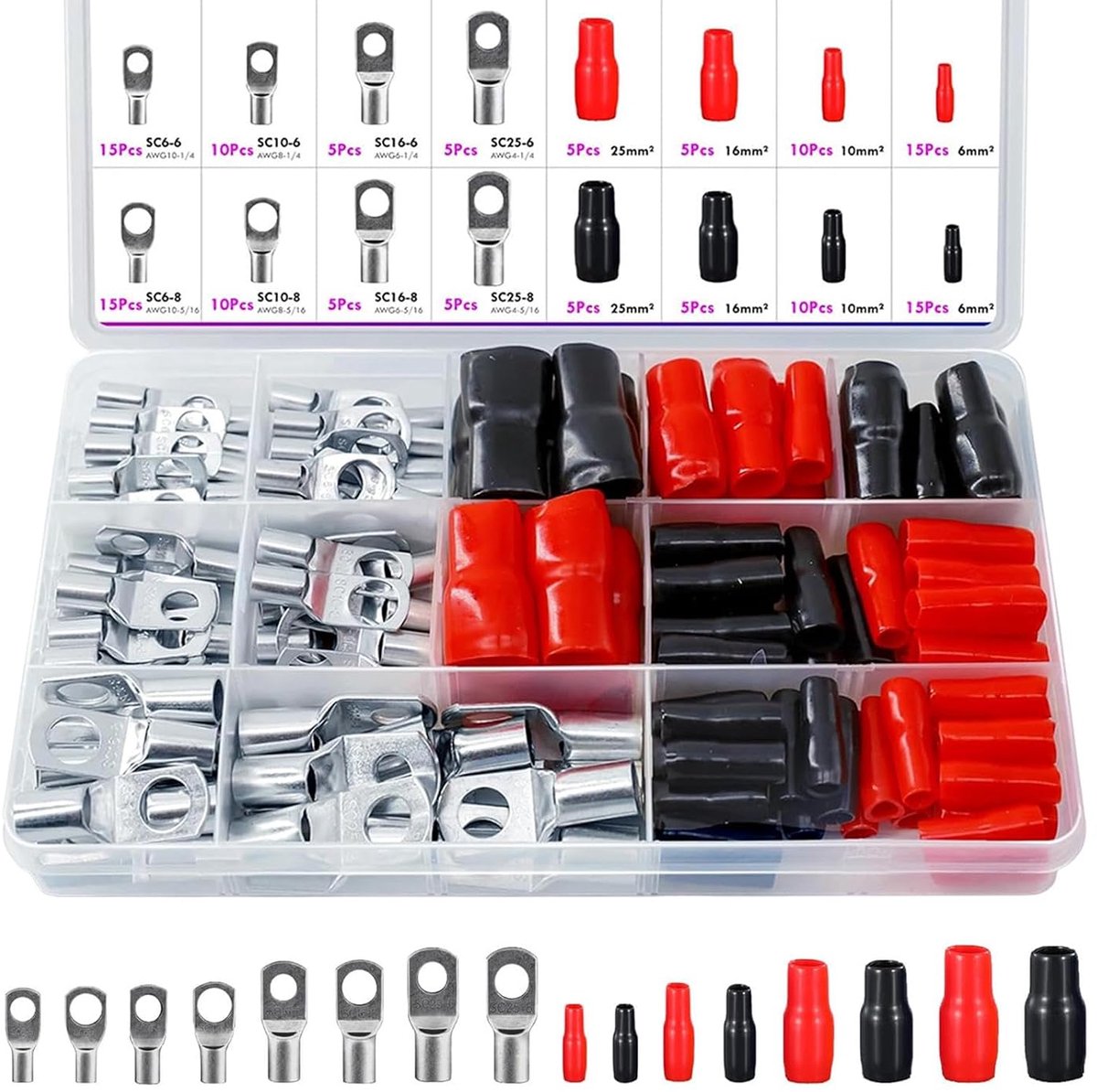 140 stuks, 25 mm², 16 mm², 10 mm², 6 mm² kabelschoenenset voor auto, accukabelset, SC70 buiskabelschoenenset en 70 hulzen, assortiment buiskabelschoen, kabelschoen voor auto