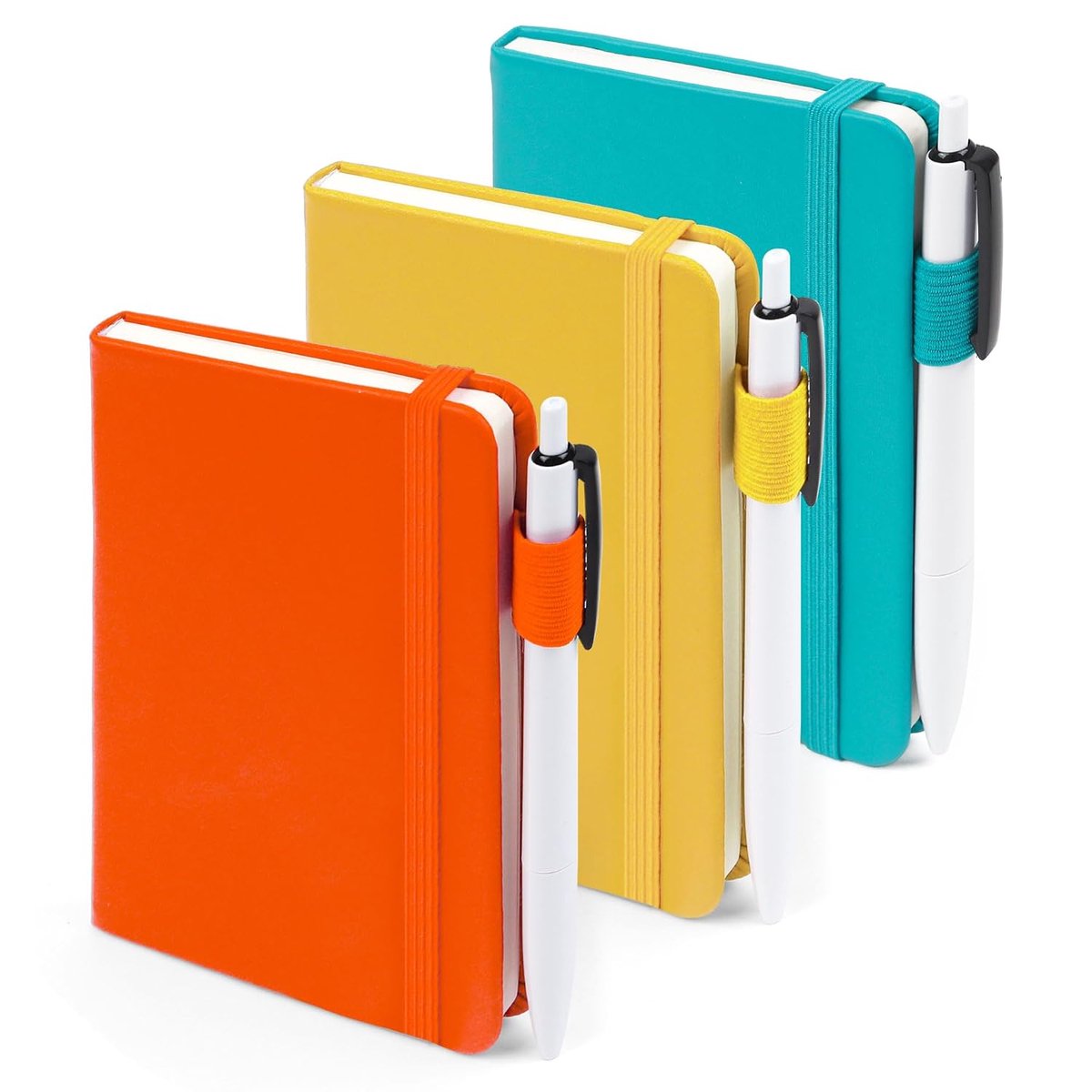 feela Mini-notitieboek, klein, schattig, hardcover, gelinieerd, voor kantoor en school, met 3 zwarte stiften, 8,9 x 14 cm, 3 stuks, A6, effen, geel, oranje