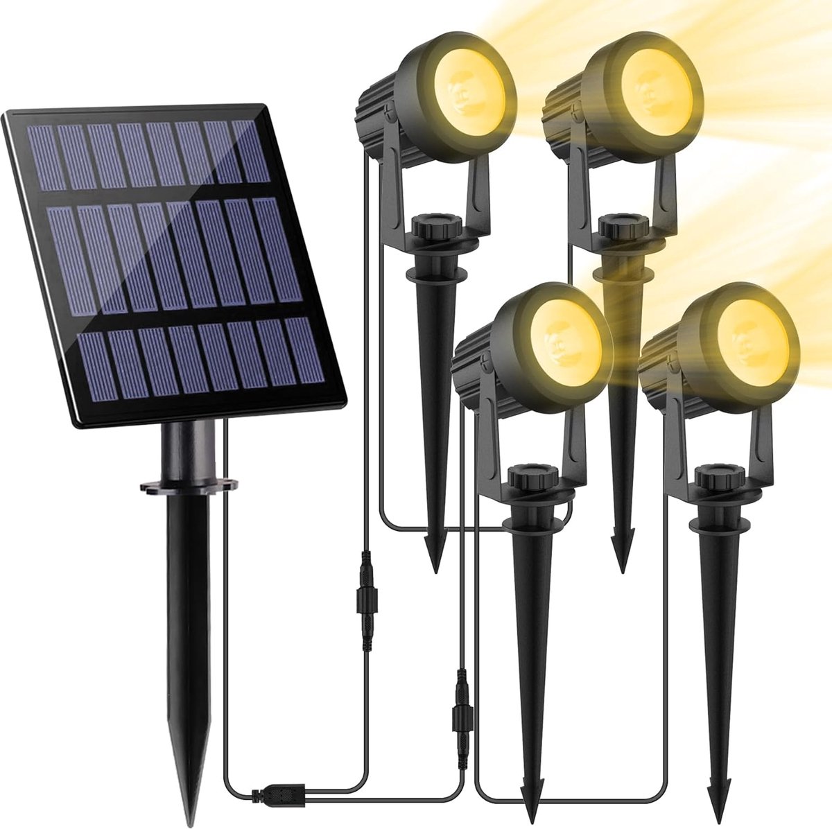 Tuinverlichting op zonne-energie, led-zonnestraler, solarlampen voor tuin buiten, IP65 waterdicht, 2 helderheidsniveaus, 3000K Dusk to Dawn tuinverlichting voor bomen, tuinpaden (4-in-1)