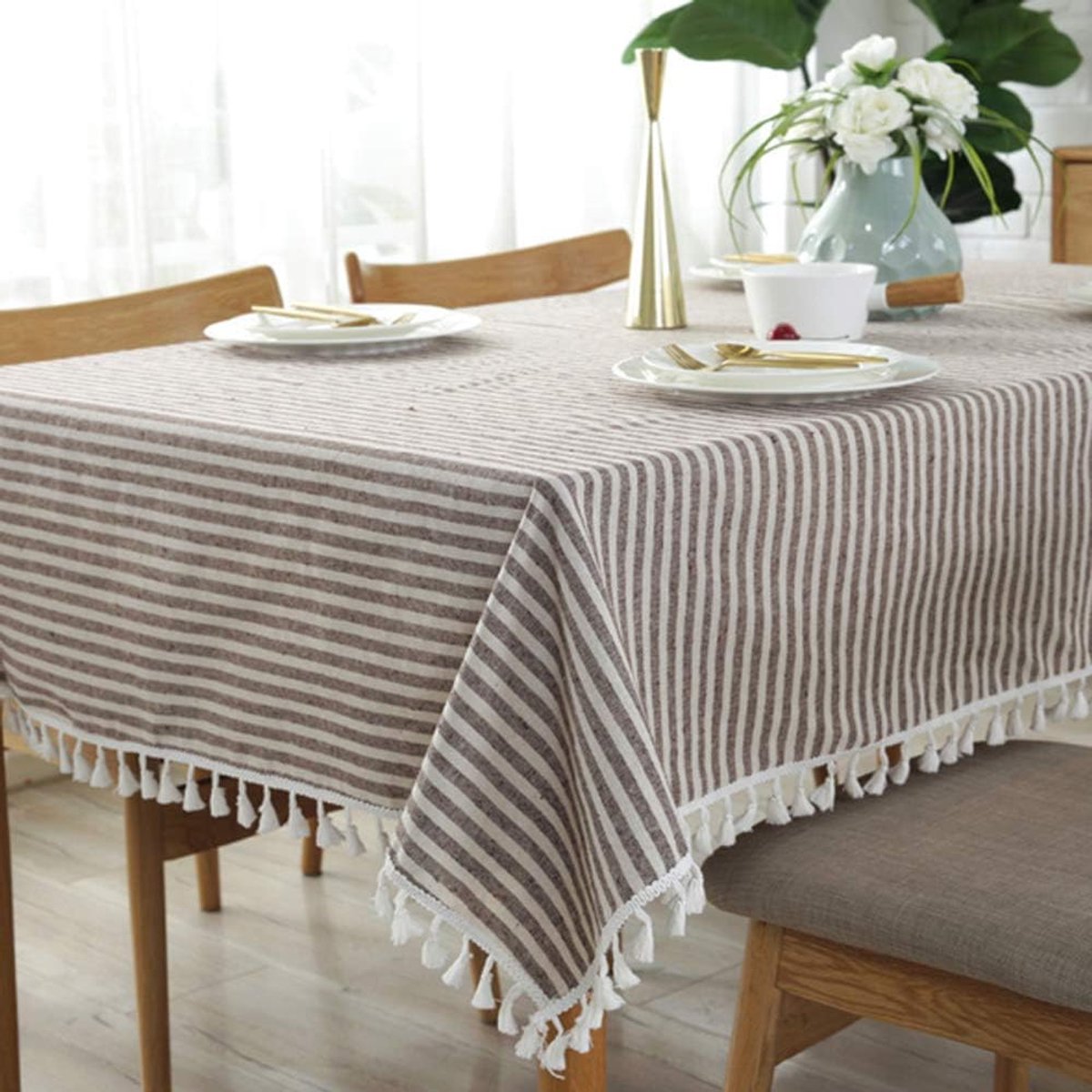 Tafellaken rechthoekig 140x300cm - gestreept katoen - met franjes - beschermt tafelblad - ShopVlot
