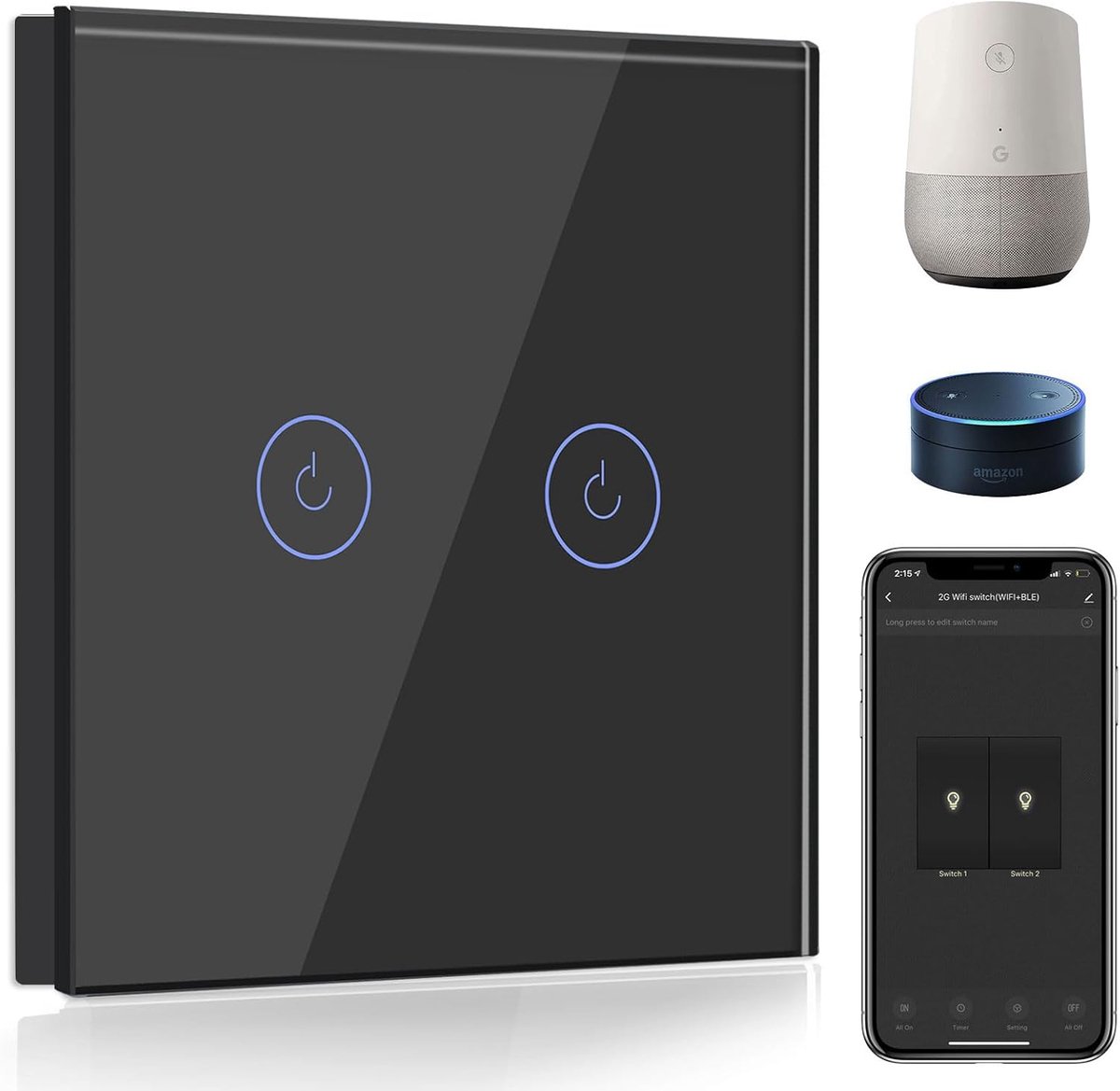 Slimme Lichtschakelaar Zwart,2 Voudig 1 Weg WiFi Touch Wandschakelaar compatibel met Amazon Alexa en Google Home,APP-afstandsbediening,Timerfunctie(vereist neutrale Draad)