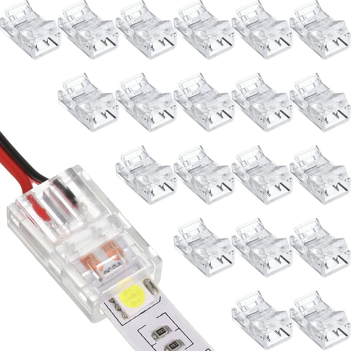 Set van 20 LED connector 2 pin 10mm, soldeerloze LED connector, 2 Pin LED Strip Light Connectors, Gapless Connector, voor 10 mm LED Strip naar Draad Quick Connection