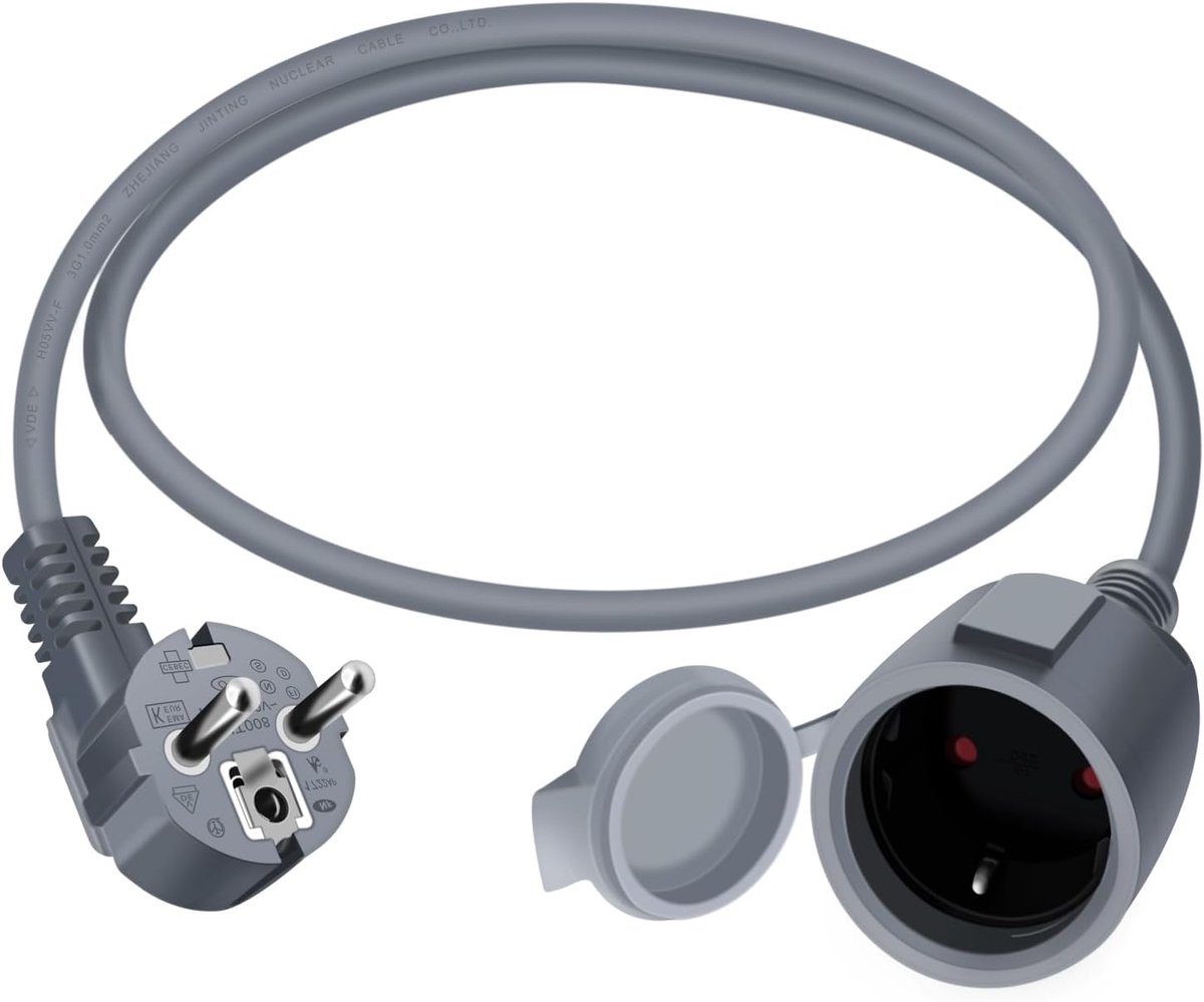 SnelShoppen - Schuko Verlengsnoer 90° 16A 250V Mini Schuko Verlengkabel IP44 Waterdicht voor Binnen Buiten Thuis Kantoor (Grijs, 3 Meter)