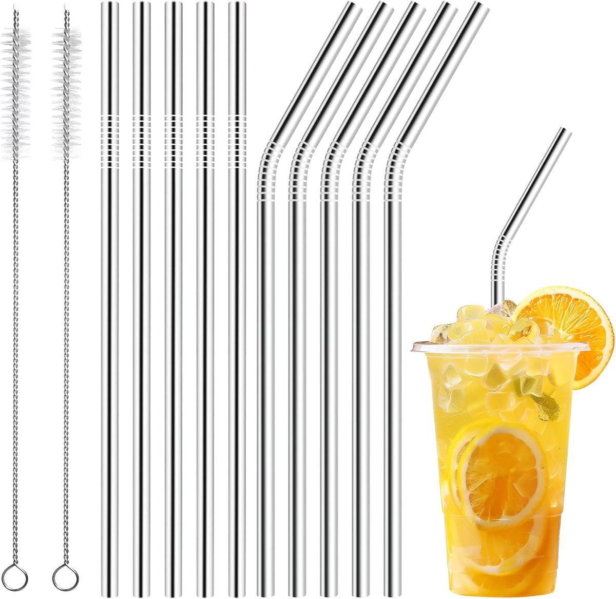 Rietjes set 20 stuks - 10 rechte + 10 gebogen - roestvrij staal - herbruikbaar voor dranken - ShopVlot