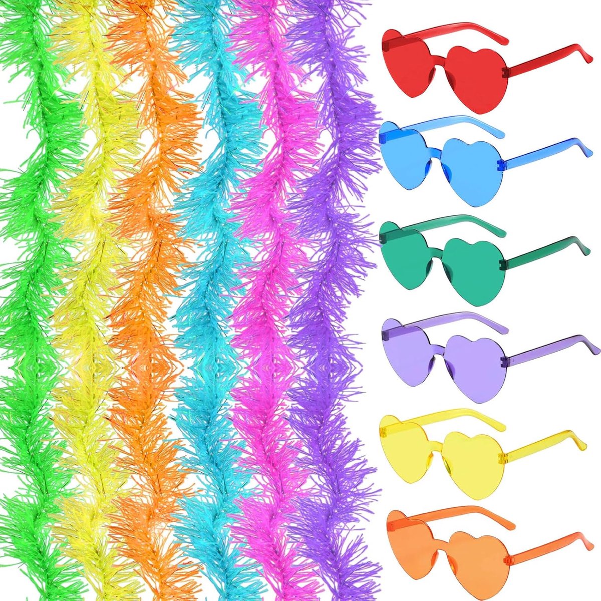 6stuk kleurrijke veerboa met 6 frameloze zonnebril, kunstmatige pluizige boa voor vrouwen, 6,6 ft, kleurrijke veerboa voor feest, carnaval, Halloween (12stuk)