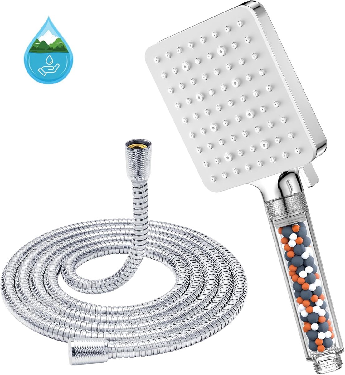 Douchekop en slang 1,6 m met filter - YEAUPE PRO vierkante hogedruk badkamerdouchekoppen (115 x 100 mm) 6 straalmodi, grote krachtige stroomregendouchekop voor lage druk hard water douchekop, wit