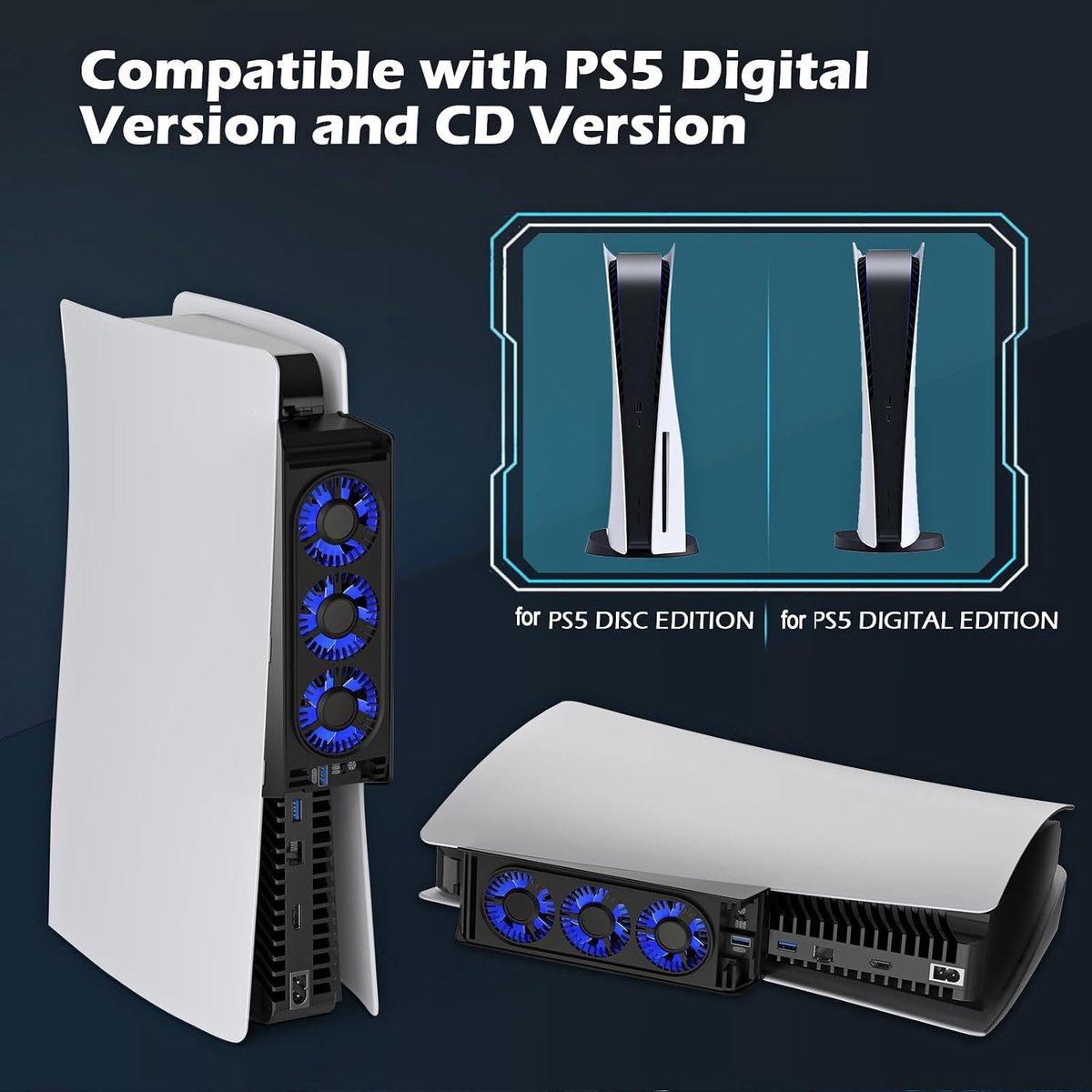 PS5 HUIJUTCHEN Stille Koelventilator met 3 Ventilatoren en LED Verlichting, Geluidsarme Controller USB-aansluiting Instelbare Snelheden (Zwart)