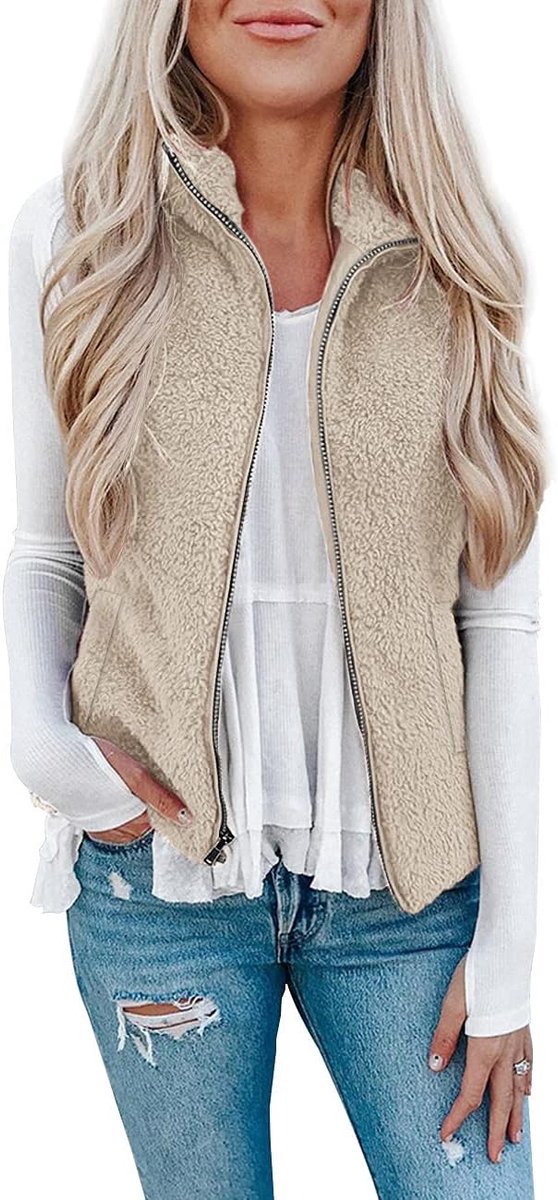 Teddyfleece gilet voor dames, effen bodywarmer, behaaglijke lichte gilets, mouwloos, staande kraag, rits en zakken