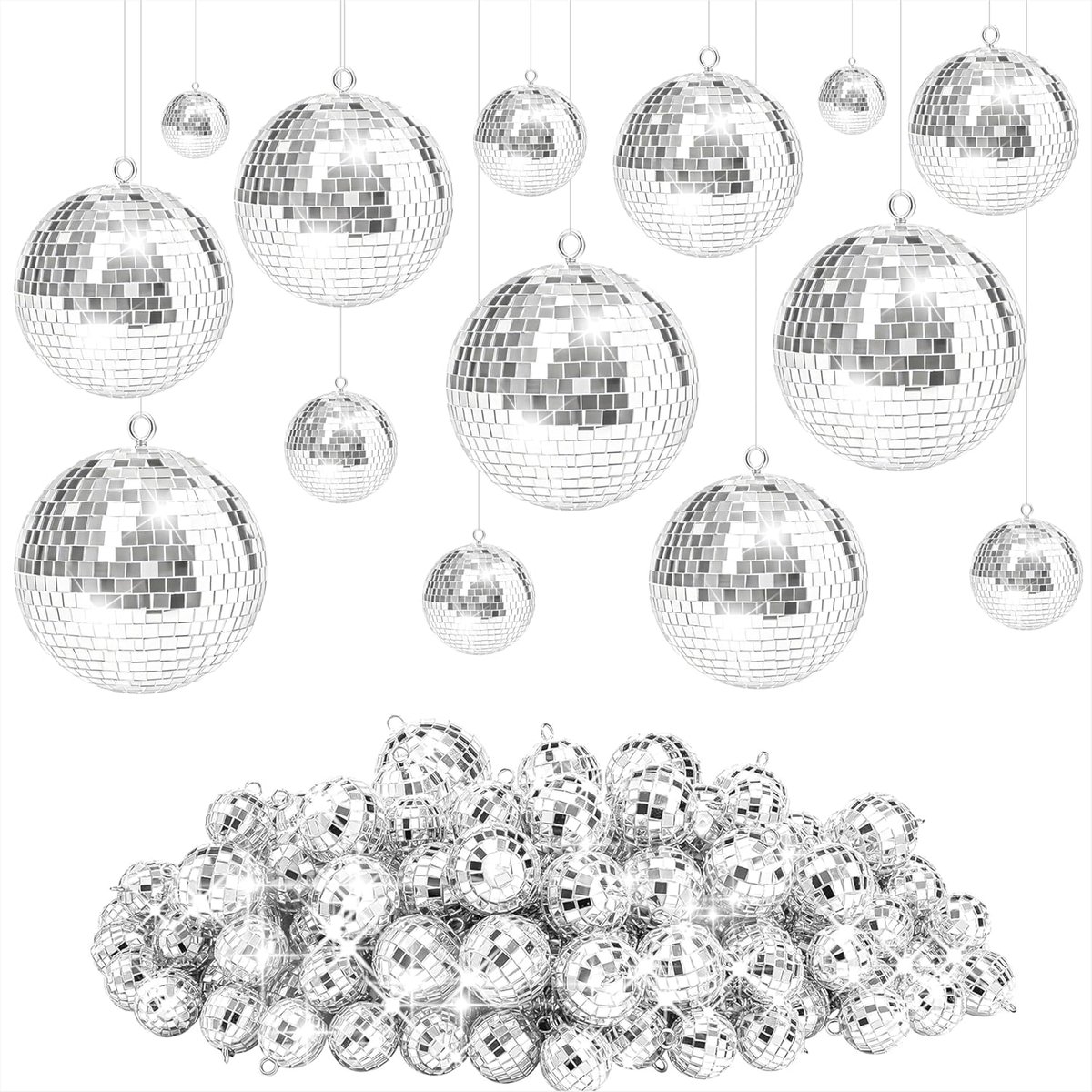 decoraties, 26 stuks miniclubbal, spiegelbal, kleine hangende discobal voor het versieren van bomen Kerstmis, themafeesten, bruiloft, familiefeest, zilver