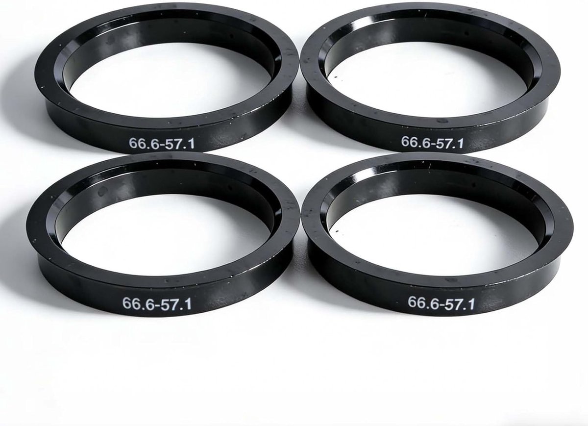 4 stuks centreerringen voor wielnaaf 66,6 tot 57,1 mm, centreerringen van kunststof, trillingsreductie voor autovelgen, zwart
