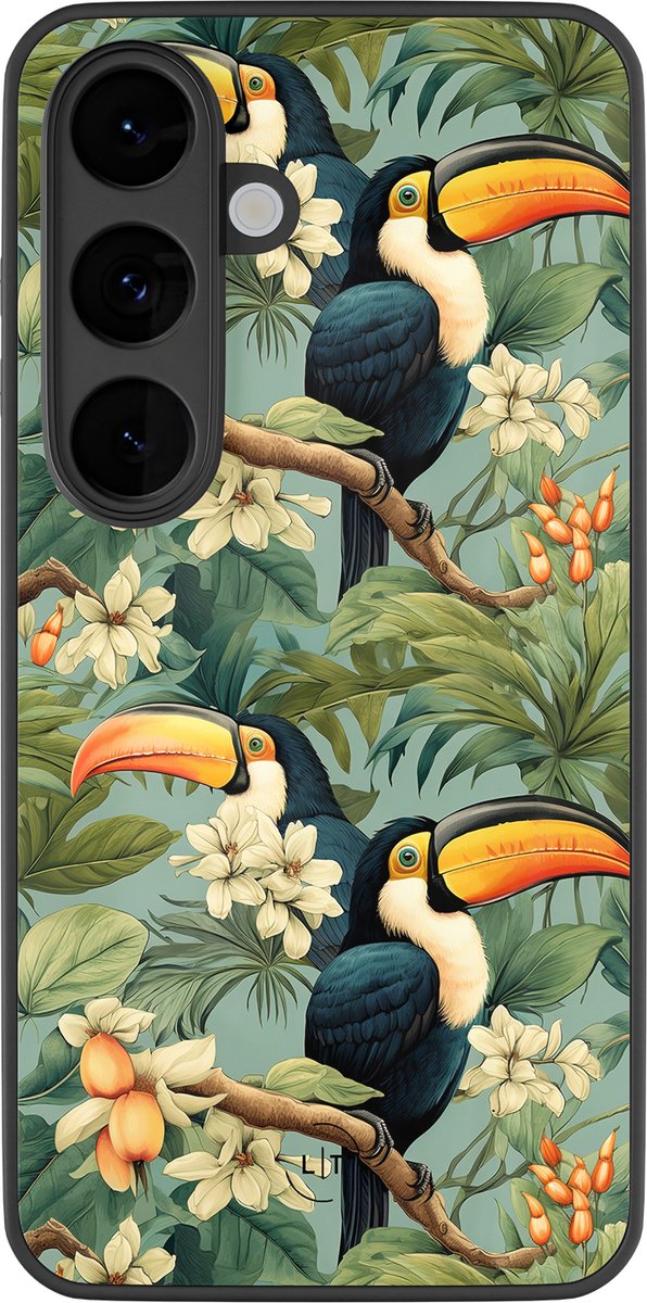 Hoesje geschikt voor Samsung Galaxy S26 - Jungle toucan - Luxe Glazen Hardcase - Print / Illustratie - Groen