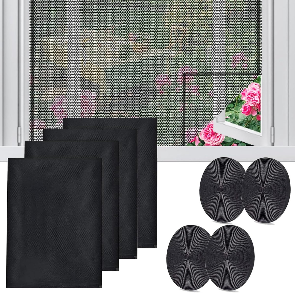 SnelShoppen - Pack van 4 Vliegenschermen Raam 130 cm x 150 cm Zelfklevend Muggennet Raam Vliegenscherm Makkelijk Aanpasbaar voor Elke Raamgrootte