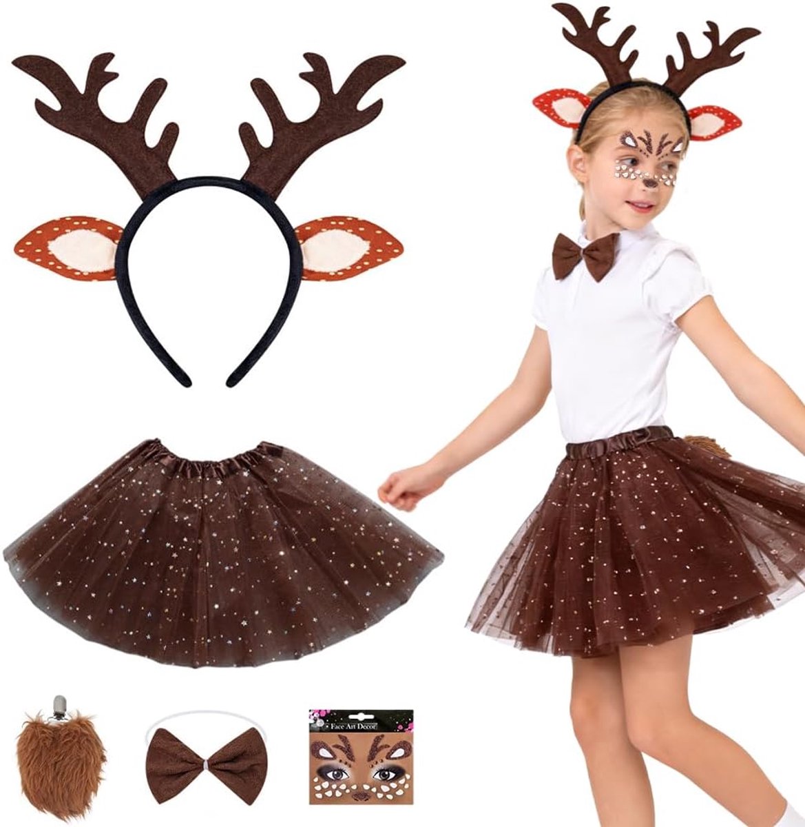 Rendierkostuum voor kinderen, 5-in-1 hertenkostuum voor kinderen, meisjes, met tule rok, bruin, hertenkostuum voor dames, hertenkostuum voor meisjes, voor carnaval, cosplay, party, themafeest