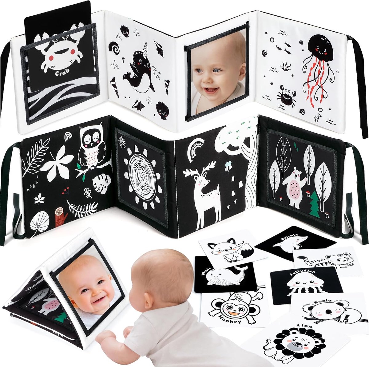 Contrasterende kaarten voor baby's, zwart-wit, dubbelzijdig stoffen boek, contrastboek voor pasgeborenen baby's, 0-3-6 maanden, visuele stimulatie, leerkaarten, flashcard, peuters, speelgoed