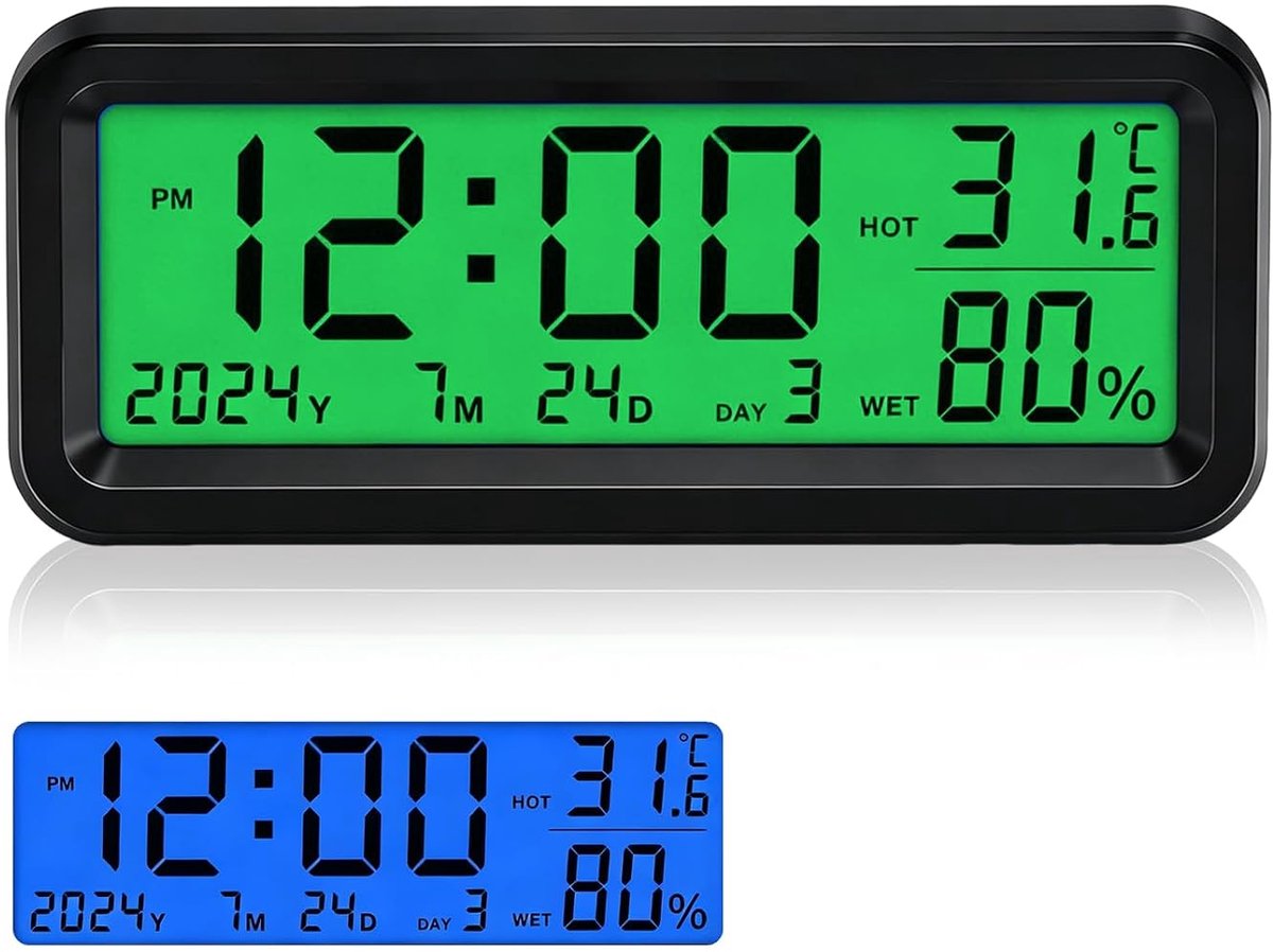 Mini-autoklok op zonne-energie, digitaal, auto-dashboard, elektronische digitale klok voor het dashboard, tijd, datum, temperatuurweergave, luchtvochtigheid (blauw-groen)
