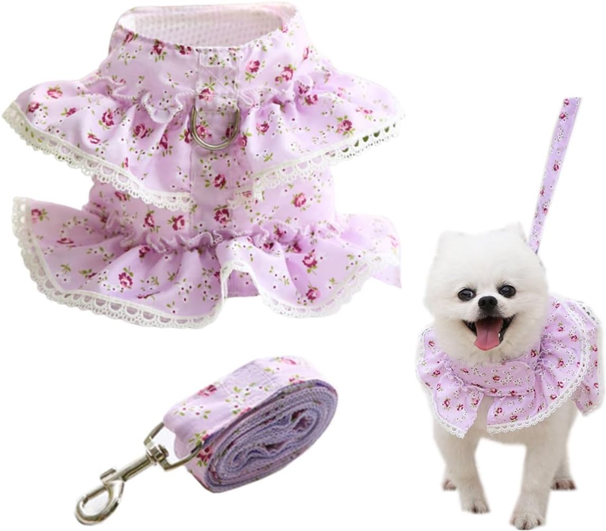 Hondentuigje met riem voor honden, bloemen, kant, dieren, ademend, verstelbaar, vluchtbestendig, prinsessenrok, vest voor katten, middelgrote en grote honden, paars-L