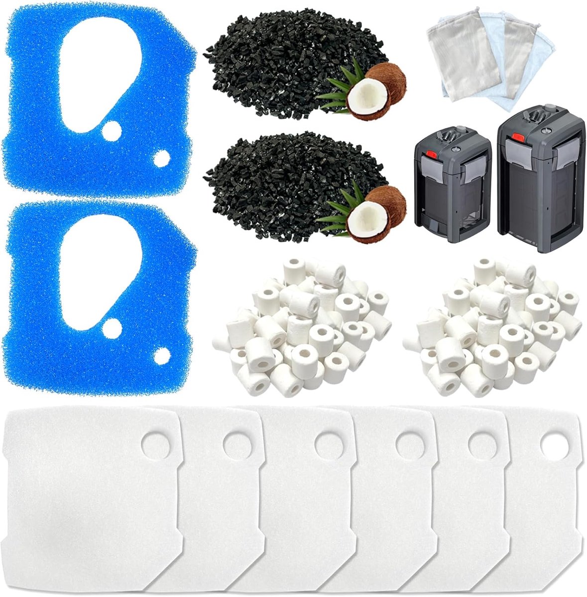16-delige aquariumfiltermediumset, compatibel met Eheim Prof 4+ Professional 4 (250, 250T, 350, 350T, 600 (2271/73/75)) en Prof 4e+ 350 (2274), bevat 2617710 filtermat, filtervlies, keramische ringen