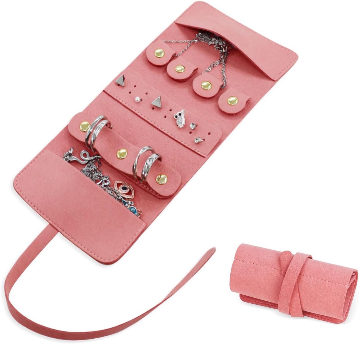Rollen voor dames, kleine opvouwbare reis-sieradenorganizer, eenvoudig sieradenopslag, draagbare sieradentas, sieradenorganizer, tas voor halskettingen, ringen, oorbellen (roze)