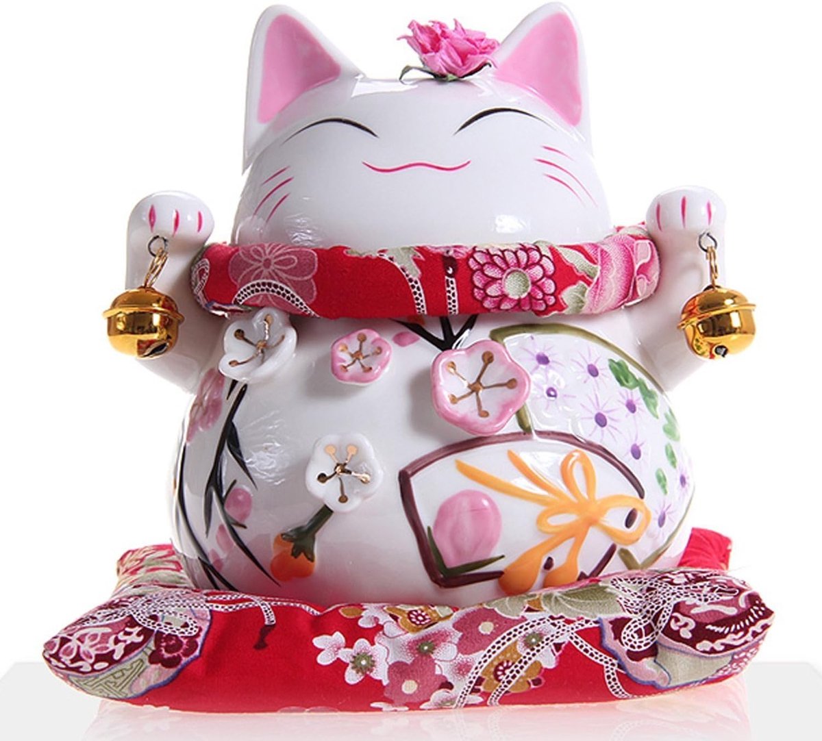 Maneki-Neko Gelukskat als spaarpot, hoekkat van fijn porselein (M)
