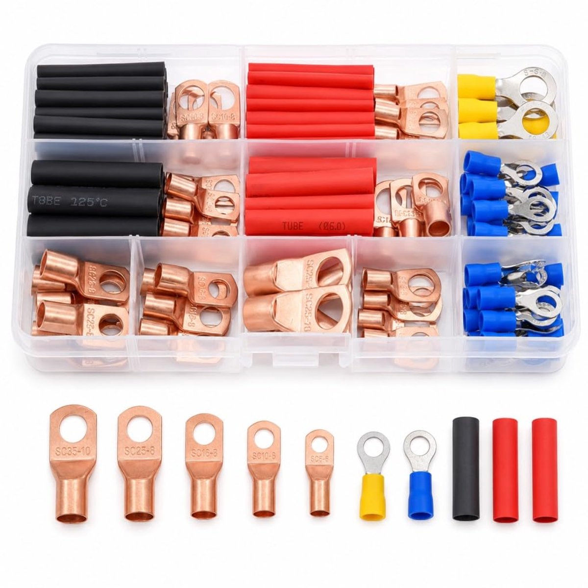 kabelschoenen, set van 110 krimpkousen, 6 mm², 10 mm², 16 mm² | 25 mm² 35 mm² koperen kabelschoenen ringklemaansluiting batterijkabeluiteinde AWG voor auto-accukabels verdeeldozen