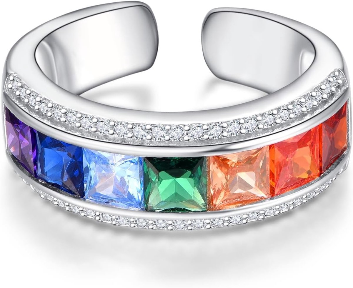 Chakra Ring voor Vrouwen 925 Sterling Zilver Verstelbare Ringen Healing Sieraden Chakra Geschenken voor Moeder Dochter Yoga Lover, Sterling zilver, Kubieke zirkonia
