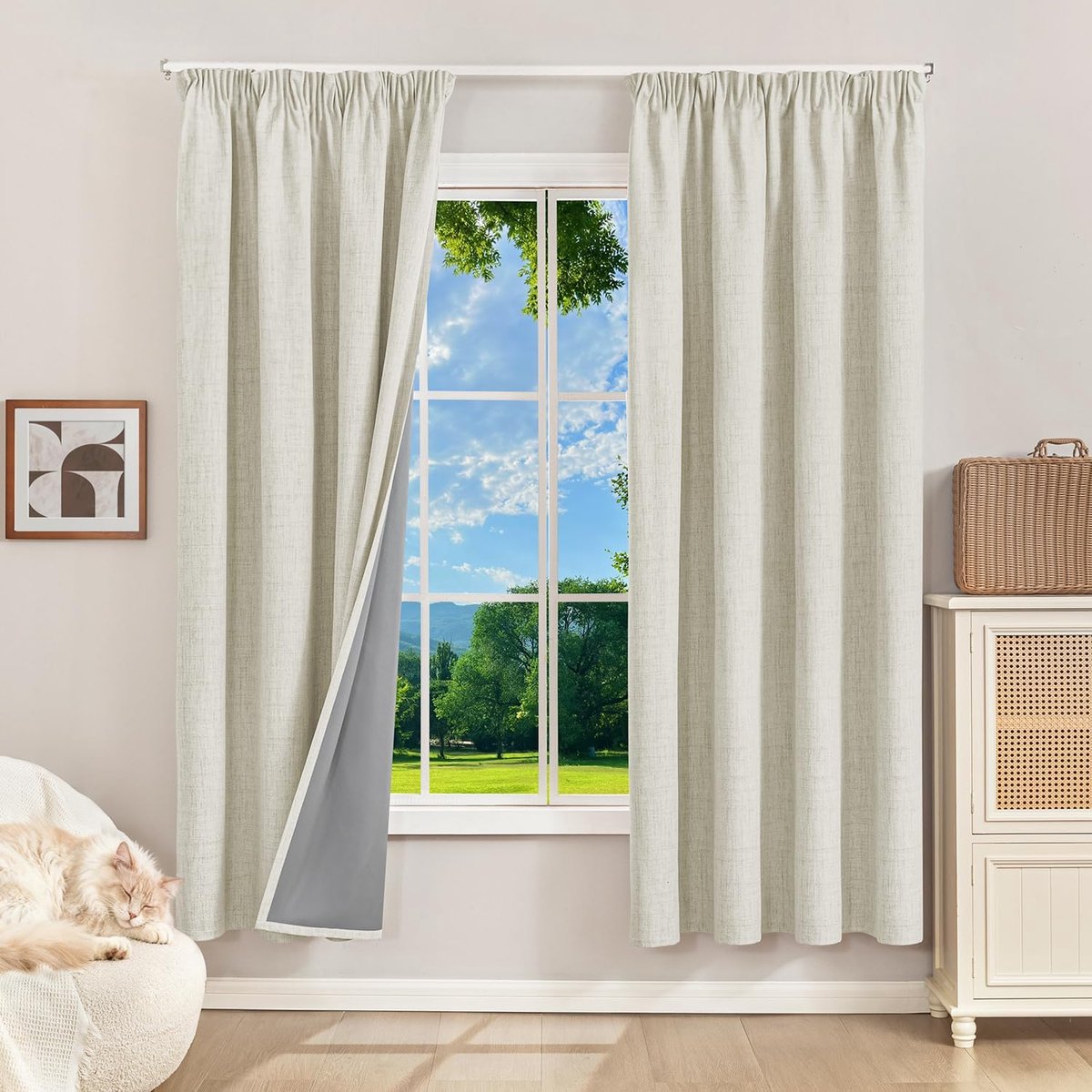 100% Verduisteringsgordijnen, thermogordijnen, koudebescherming, gordijnen met plooiband, 175 x 140 cm (h x b), set van 2 stuks, linnenlook, ondoorzichtig, lichtbeige, schuifgordijnen