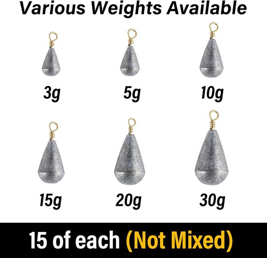 15 stuks vissen perenlood sets 3 g-30 g gewichten vissen met wartel grondlood set lood visaccessoires perenlood voor bootshore-drop-shot vissen — afbeelding 4