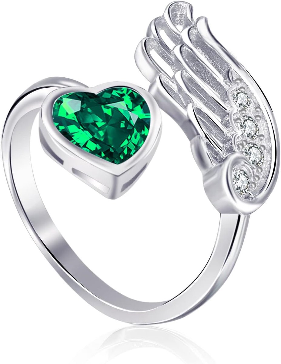 geboortesteen ring voor dames - Qings sterling zilveren ring 925 engel vleugels veer ringen hart open zirkonia 12 maanden geboortesteen verjaardagscadeau voor moeder dochter, 925 sterling