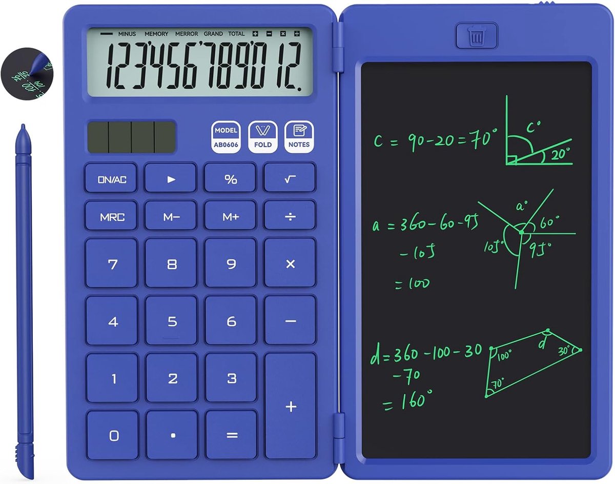 Rekenmachine, met schrijftablet en pen, zonne-energie en batterijen, geschikt voor studenten, gezinnen, kantoren (blauw)